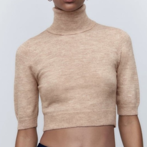 Zara Wool Blend Short Sleeve Turtleneck Crop Top Tan Size Small - Picture 6 of 12